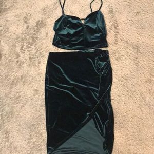 Velvet emerald green crop top and skirt set